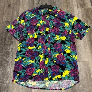 Empyre Floral Black/Yellow/Teal Woven Short Sleeve Button Up Shirt